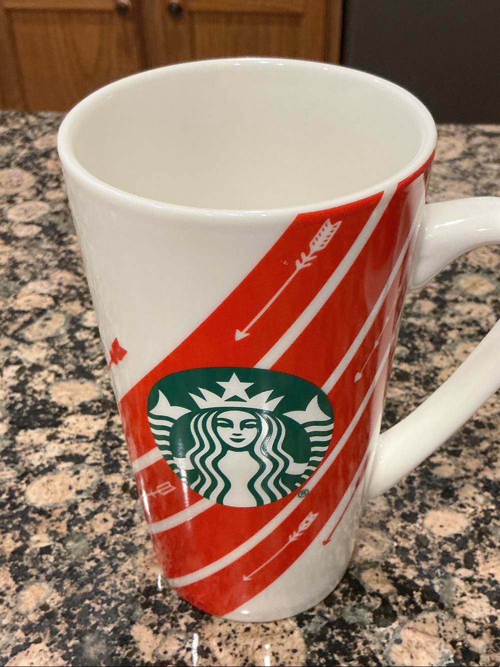 Starbucks White Mug with Red Stripes and Green Logo